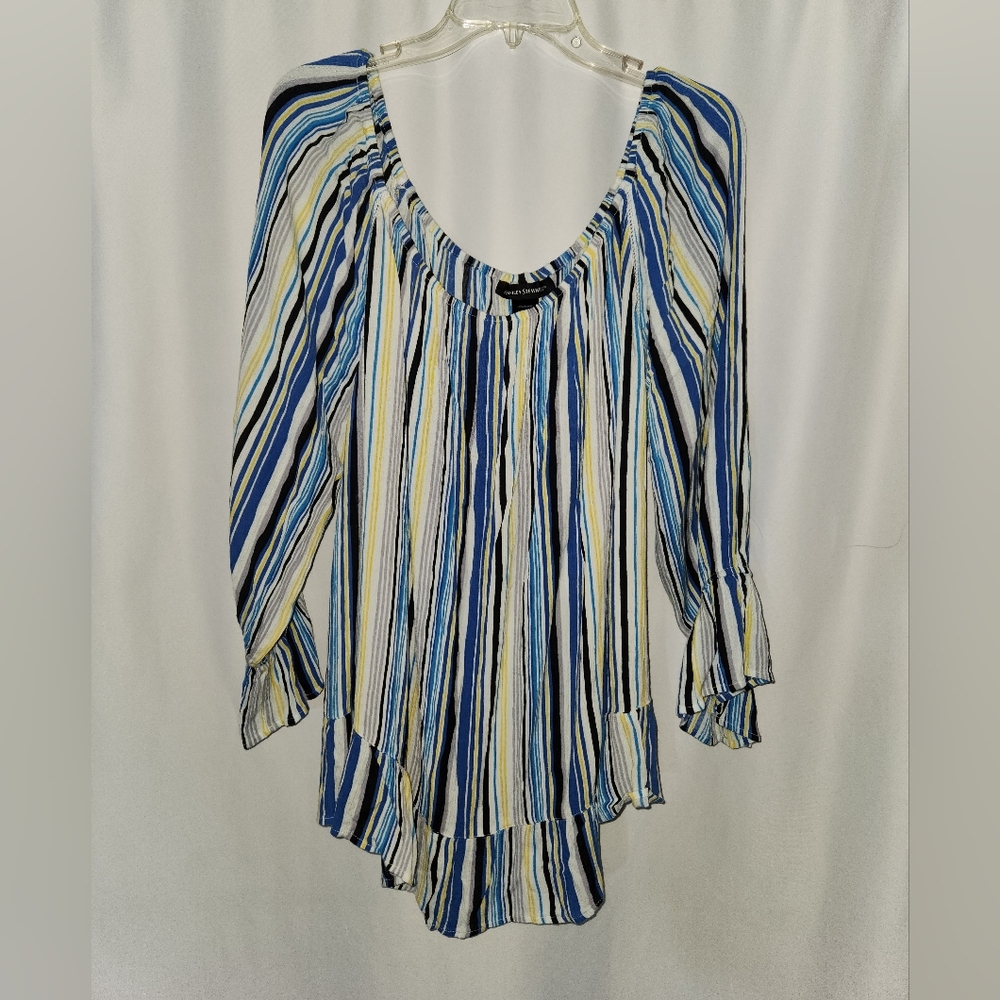 Ashley Stewart Blue White Black Yellow Striped Peasant Blouse